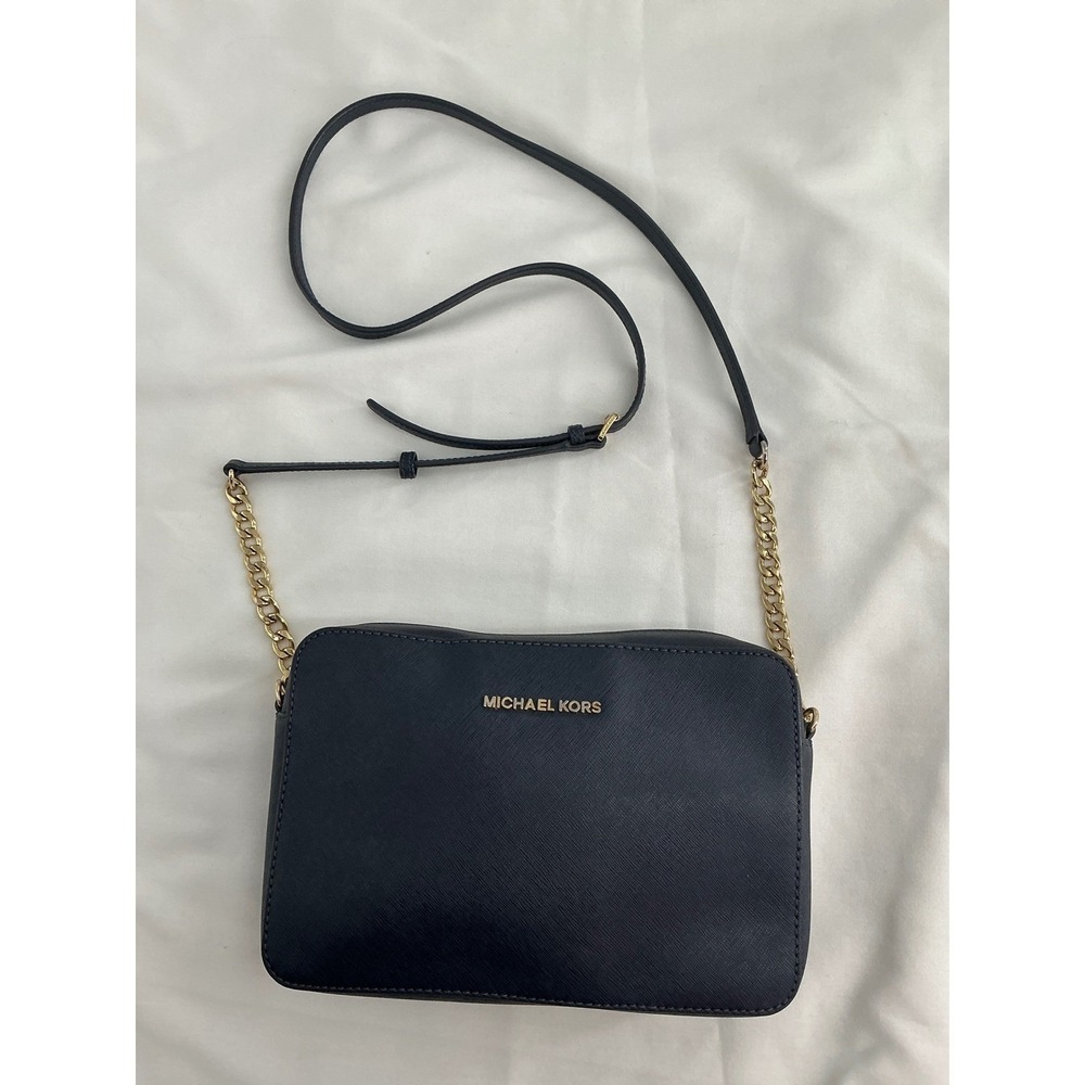 Michael Kors Jet Set Large East West Navy Saffiano Leather Crossbody Bag Gold HW